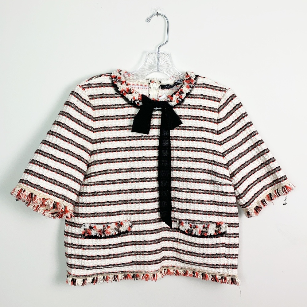 Zara | knit tweed top fringe tie neck striped